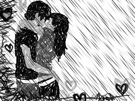 couple kissing in rain. kissing in the rain black and